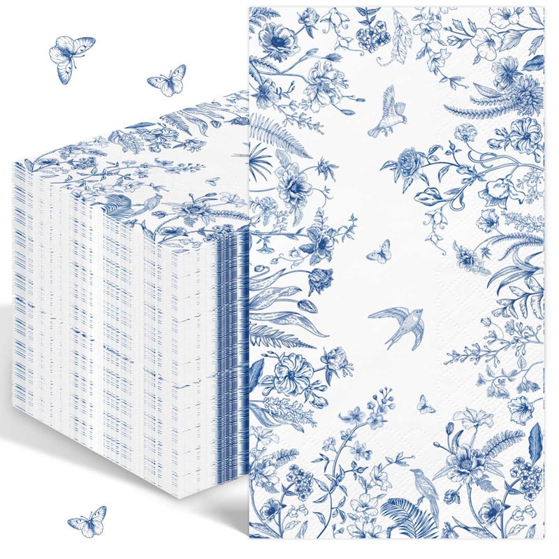 100PCS Blue Floral Napkins Disposable Hand Towels for Bathroom 3 Ply Blue and White Decorative Paper Napkins Vintage Bird Flower Guest Napkins Chinoiserie Napkins for Birthday Wedding Spring Party